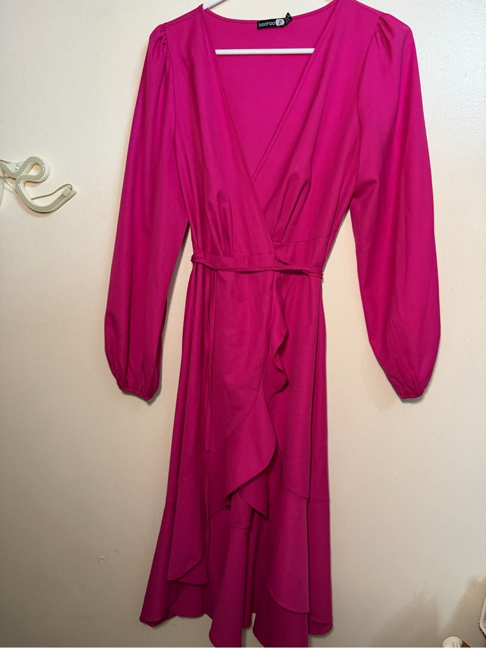 Boohoo Bright Fuchsia Long Sleeve Wrap Midi Dress